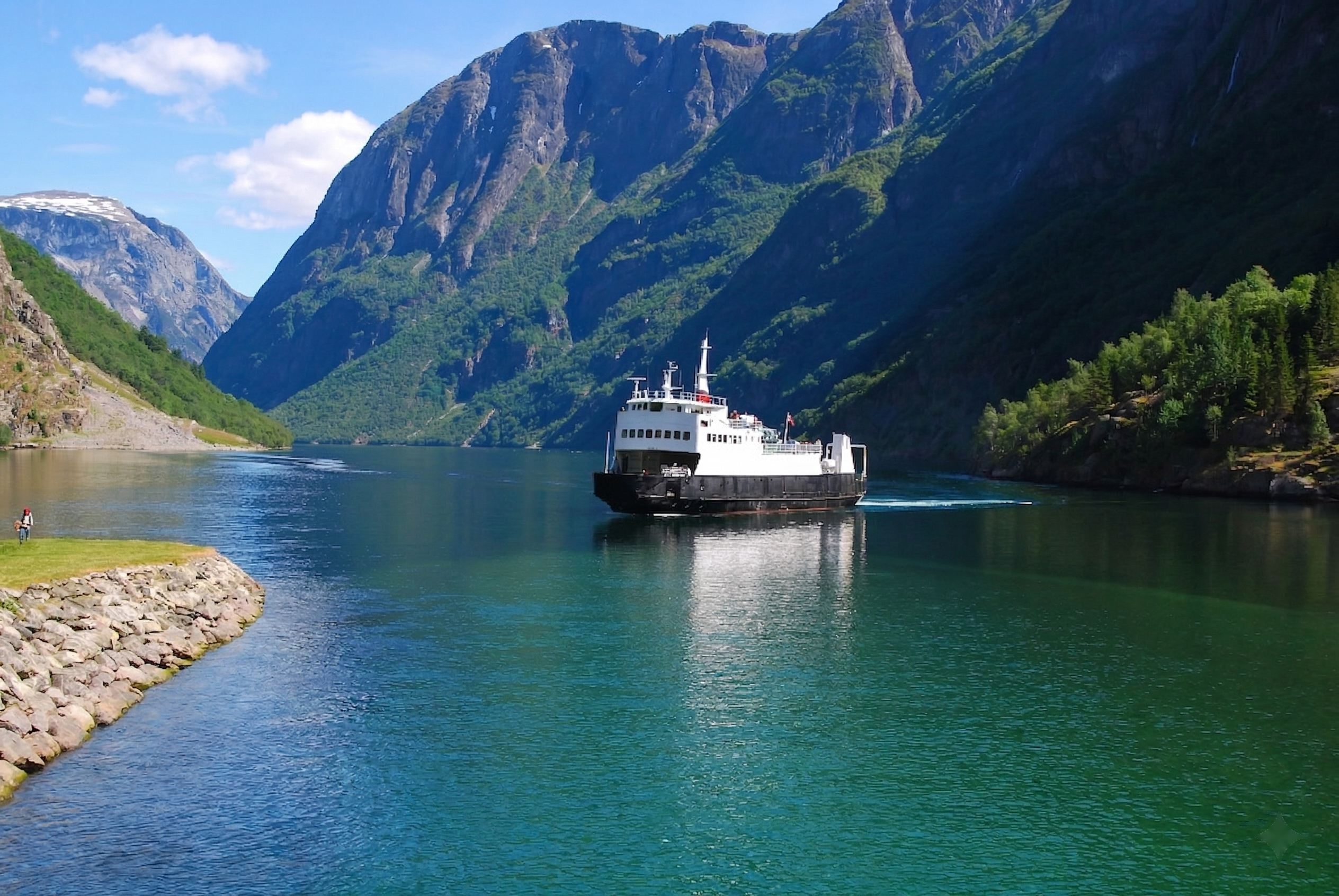 Future of the Fjords all-electric catamaran arriving at Gudvangen on Nærøyfjord, Norway